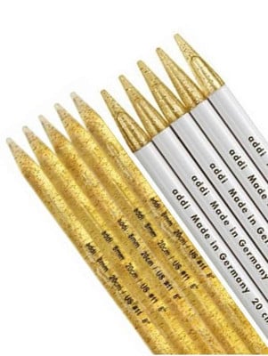 addiChampagner Double Pointed Needles 8/10in (20/25cm)										 - 20.0mm Length 20 cm Gold Tips White Tube